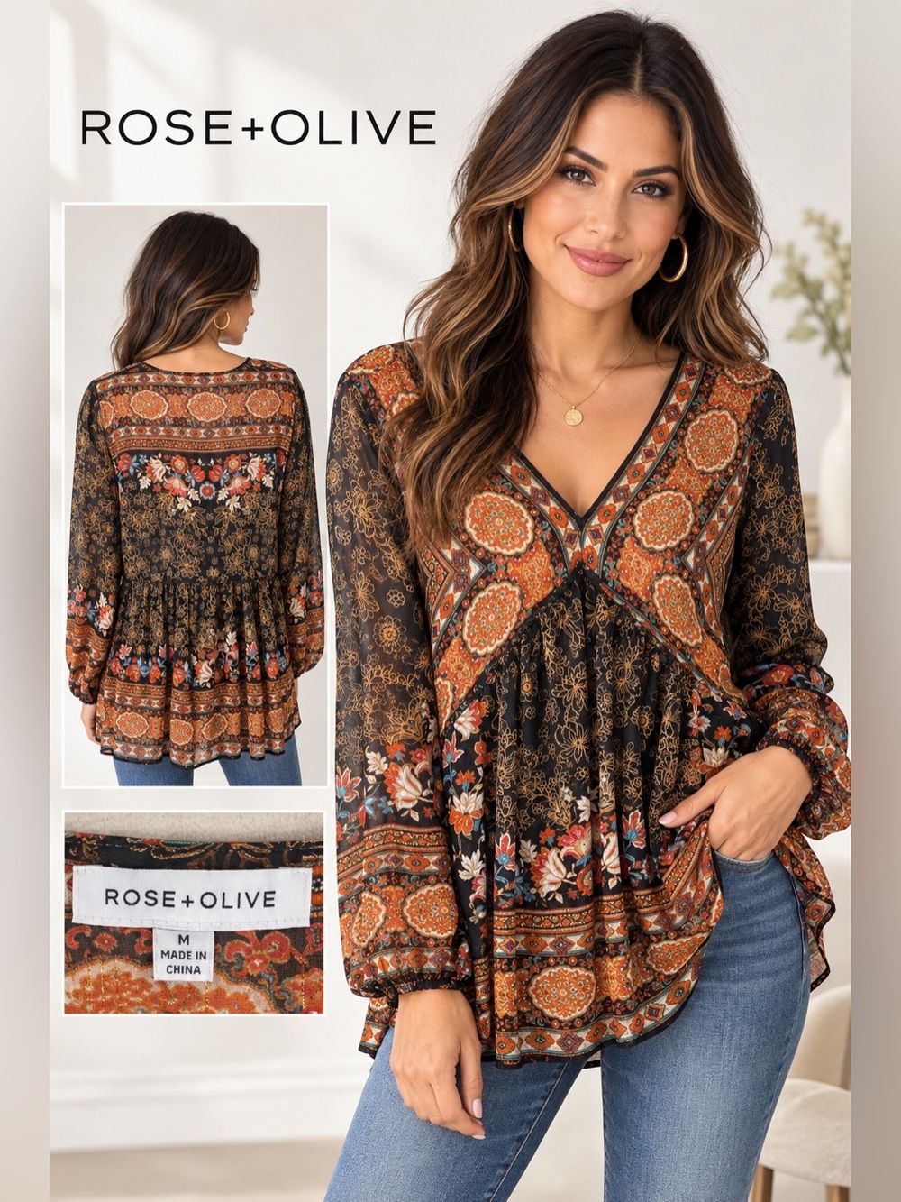 Rose + Olive Boho Floral Medallion Print Babydoll Blouse Size M